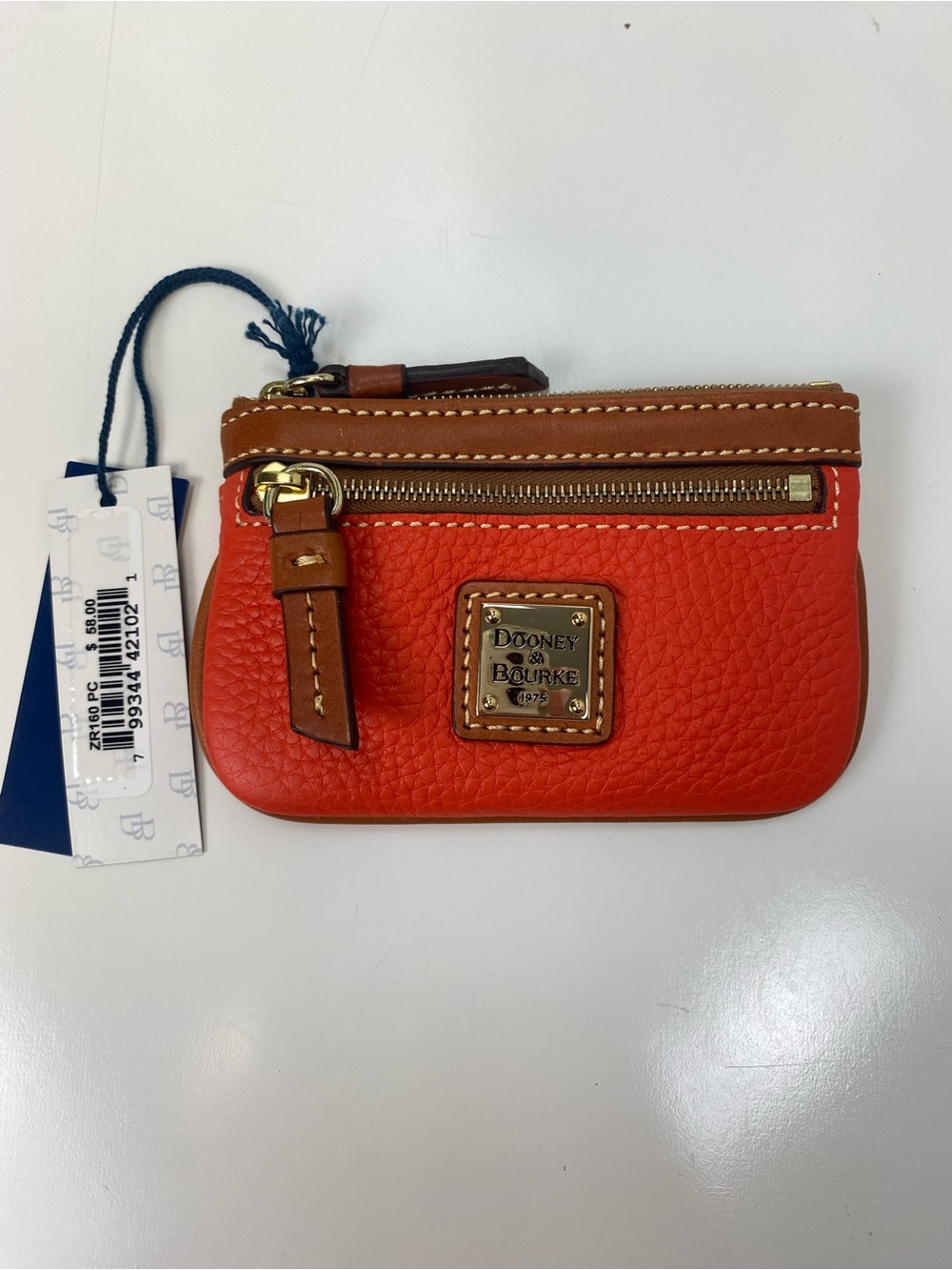 Dooney & Bourke Orange Pebbled Leather Zip Card & Coin Holder with Tan Trim